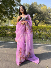 White Pearl Work Pure Organza Pink Saree